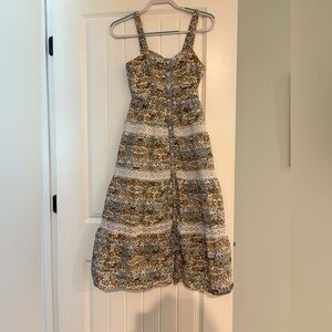 ANTONIO MELANI Green and Yellow Tiered Ruffled Midi Sundress